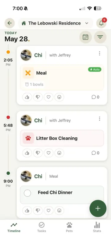 Kima app shared timeline showing pet care activities logged by multiple caregivers