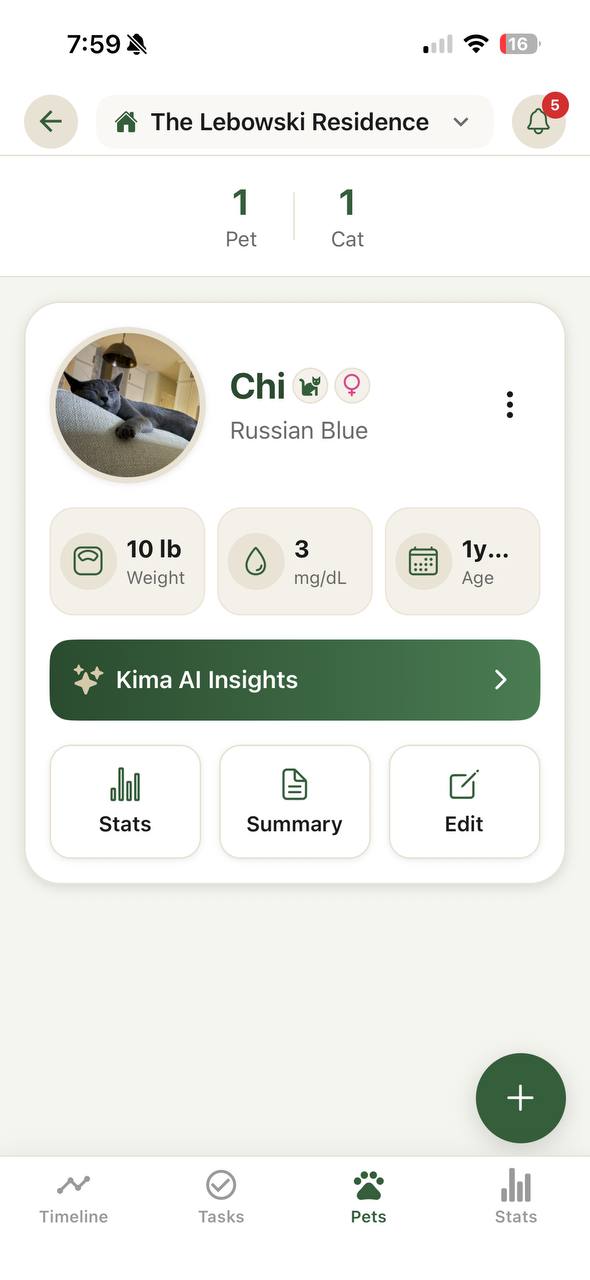 Kima pet profiles screen showing all pets in your household