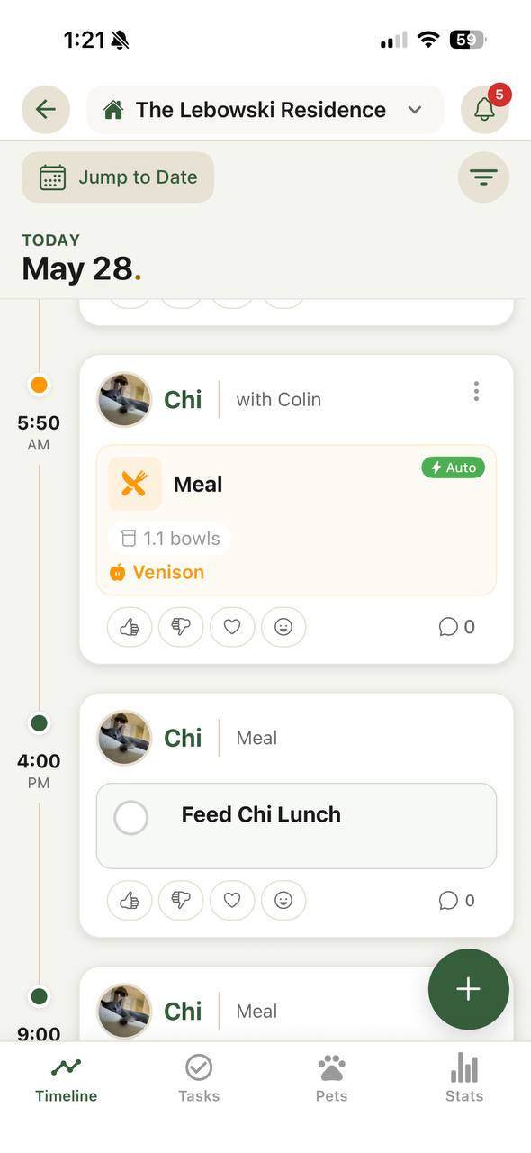 Kima app shared timeline showing pet care activities logged by multiple caregivers